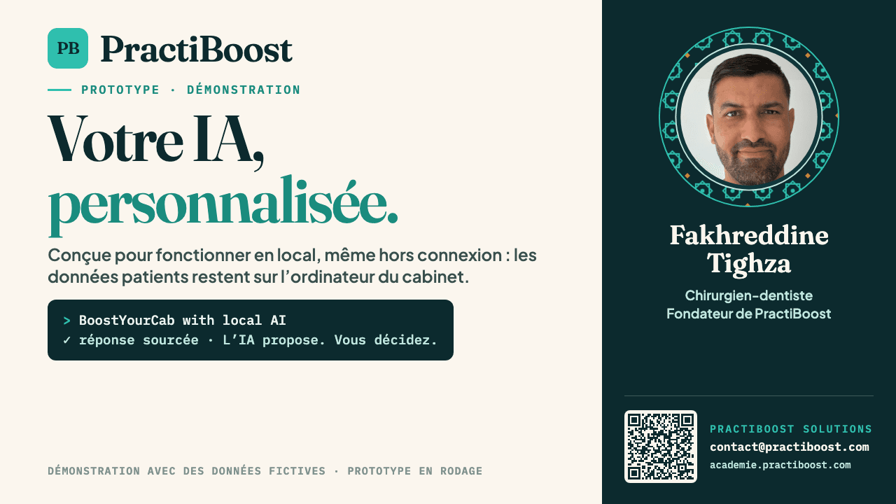 Démonstration du prototype : une IA personnalisée pour le cabinet, présentée par Fakhreddine Tighza, fondateur de PractiBoost